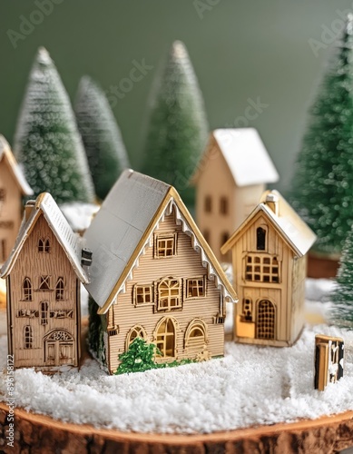 A winter village scene with miniature houses surrounded by snow and pine trees