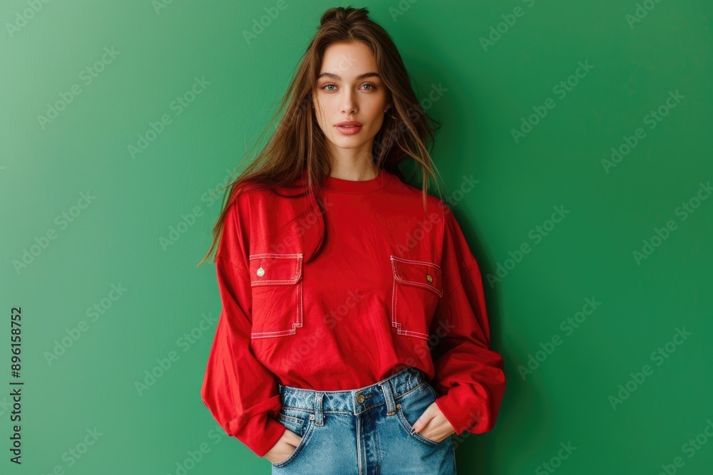 A woman stands in front of a bright green wall, looking directly at the camera A woman stands in front of a bright green wall, looking directly at the camera