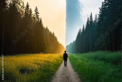 Nature's Crossroads: Sunlight and Shadow Battle for a Hiker's Soul. Sunlight Beckons on One Trail, Mystery Lures on the Other. generative AI © EVISUAL