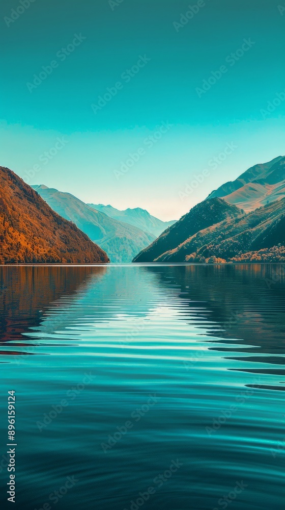 Obraz premium A serene lake reflecting the surrounding mountains under a clear blue sky