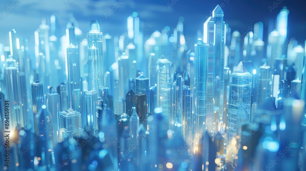 Obraz premium Crystal cityscape with illuminated skyscrapers and cutting-edge environmental technology.