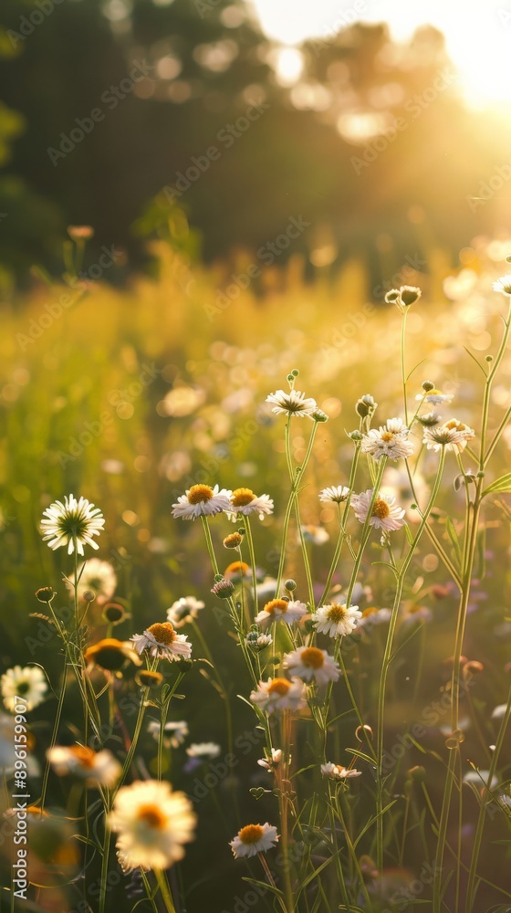 Golden sunlight bathes a field of delicate daisies Golden sunlight bathes a field of delicate daisies