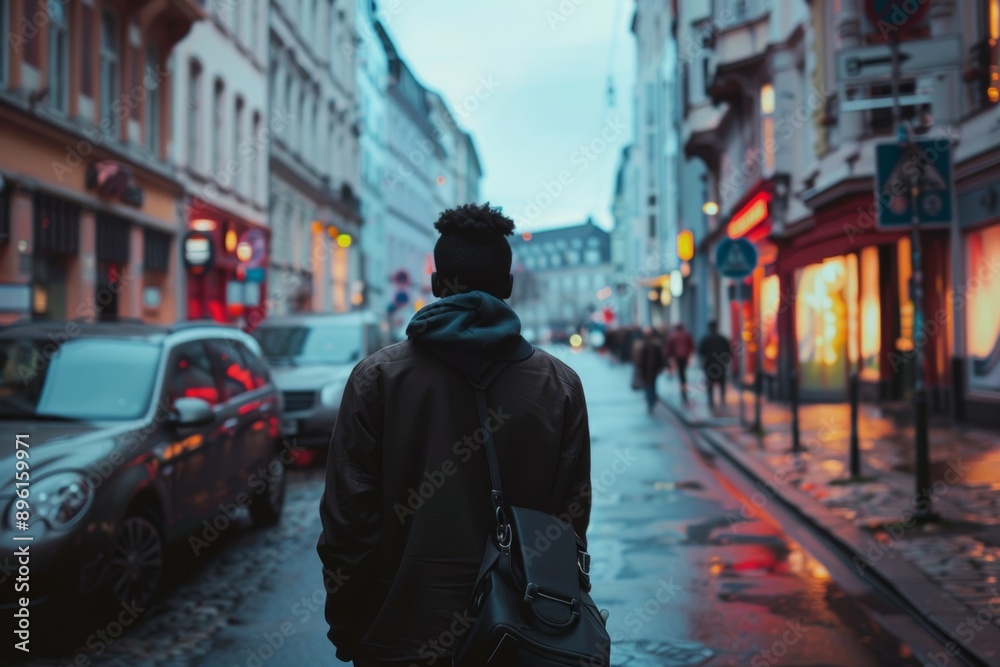 A lone figure walks down a rainy city street at dusk. Lights from shops and cars create a moody urban atmosphere.