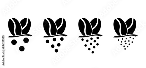 Cartoon roasted coffee beans pictogram. Coffee bean grind, size chart grains. For mug or cup. For coffee percolator. Coarse, medium or fine progress bar, loading. Manual coffee grinder.