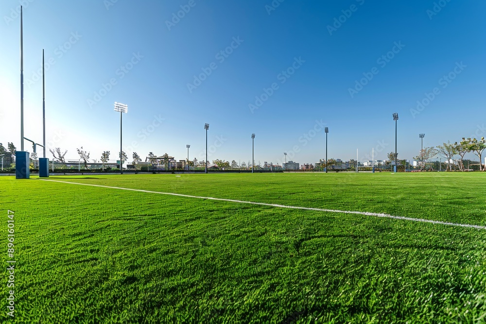 A pristine and peaceful rugby field awaits the players, with the morning sun casting a warm glow. The lush green grass stretches out invitingly, untouched and unmarked. A pristine and peaceful rugby field awaits the players, with the morning sun casting a warm glow. The lush green grass stretches out invitingly, untouched and unmarked.