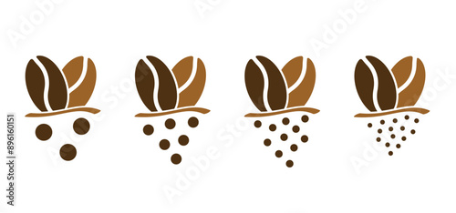 Cartoon roasted coffee beans pictogram. Coffee bean grind, size chart grains. For mug or cup. For coffee percolator. Coarse, medium or fine progress bar, loading. Manual coffee grinder.