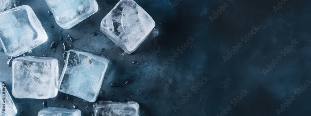Top View of Ice Cubes on Slate Blue Background with Copy Space