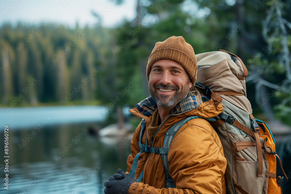 Handsome Caucasian man hiking in woods alongside lake with backpack, active lifestyle, copy space Handsome Caucasian man hiking in woods alongside lake with backpack, active lifestyle, copy space