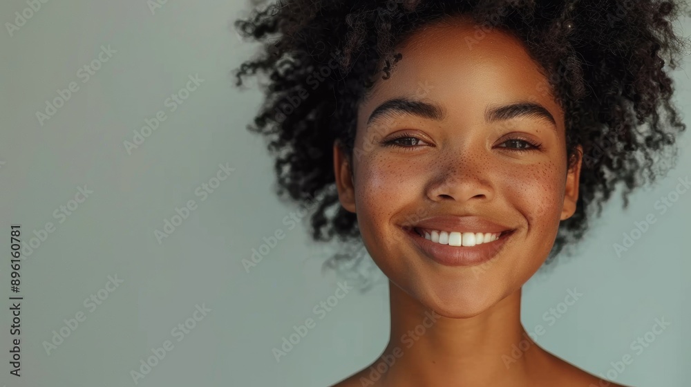 portrait of brunette woman with curly hair smiling at camera on gray background
