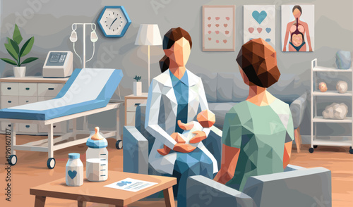 Low polygon of a lactation specialist, character is in a clinic, assisting a mother with breastfeeding techniques, vector illustration