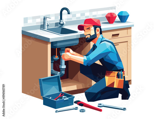 Low polygon of a plumber, character in home, residential setting, fixing a skink pipe under a kitchen counter, vector illustration