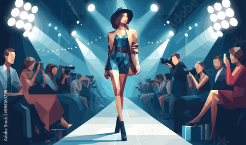 Geometric polygon of a model, character is on runway, fashion clothing event, vector illustration