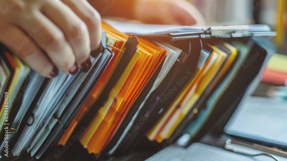 A person holds a stack of files or documents, perfect for use in office or business settings A person holds a stack of files or documents, perfect for use in office or business settings