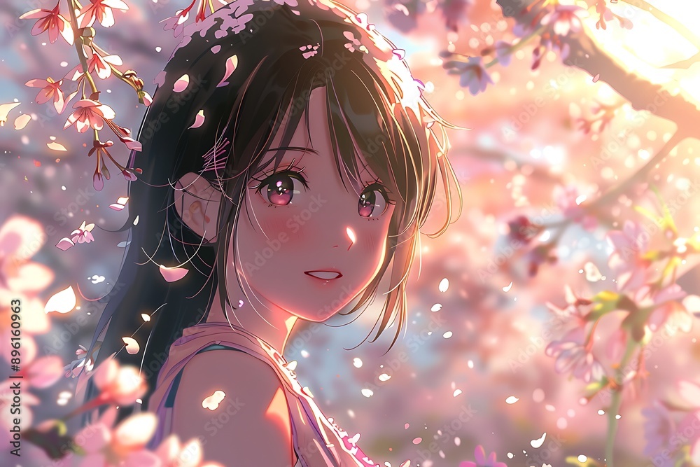 A vibrant anime girl with a radiant smile stands among blossoming cherry trees, bathed in sunlight, capturing the essence of spring