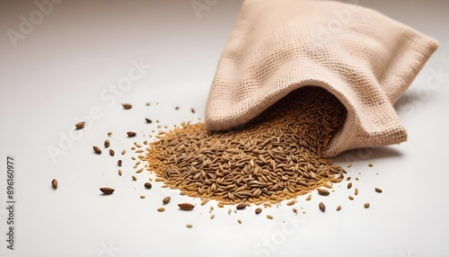 a side view of cumin seeds spilled from a small burlap pouch onto a white background