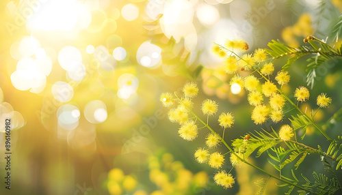 Beautiful bright mimosa flowers outdoors on sunny day. Space for text