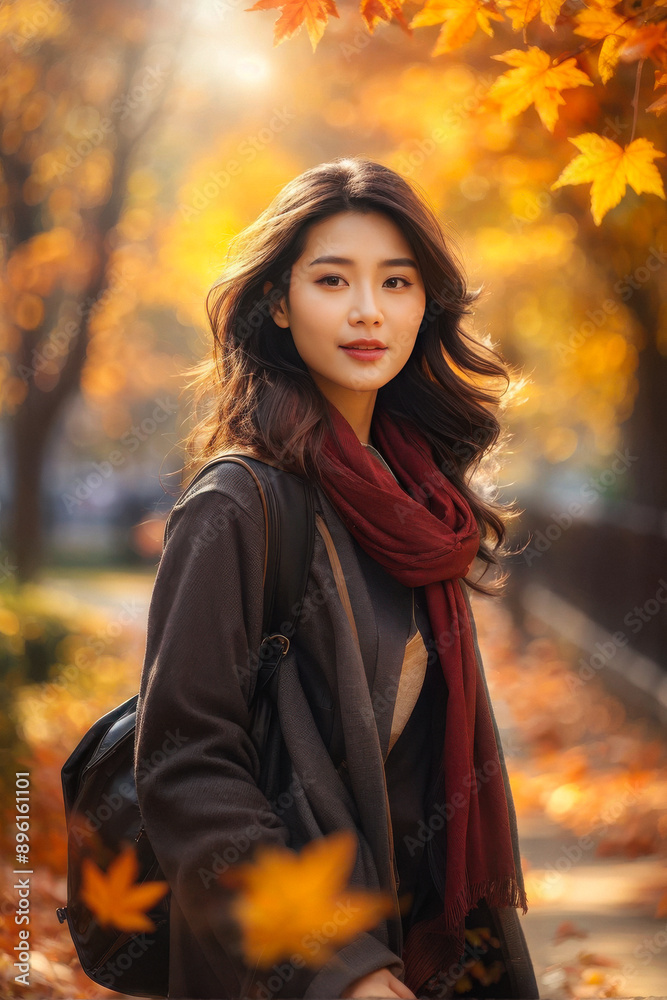 Autumnal Beauty: Asan Woman Enjoys a Peaceful Stroll Amidst Vibrant Foliage. generative AI Autumnal Beauty: Asan Woman Enjoys a Peaceful Stroll Amidst Vibrant Foliage. generative AI