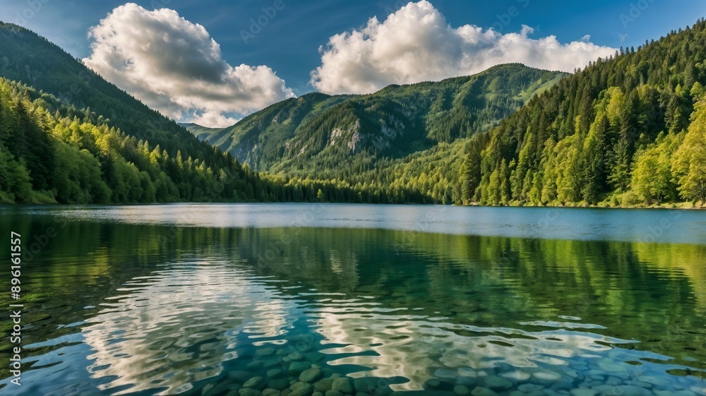 Tranquil Reflections: A Serene Lake Amidst Lush Green Mountains