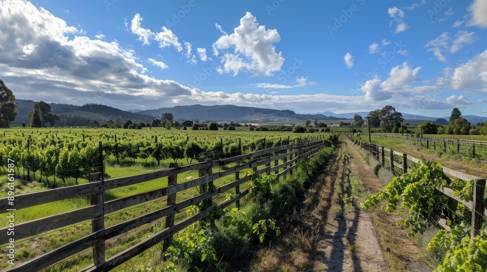 Obraz premium A picturesque hop farm with a wooden fence and rows of trellised hop vines stretching into the distance