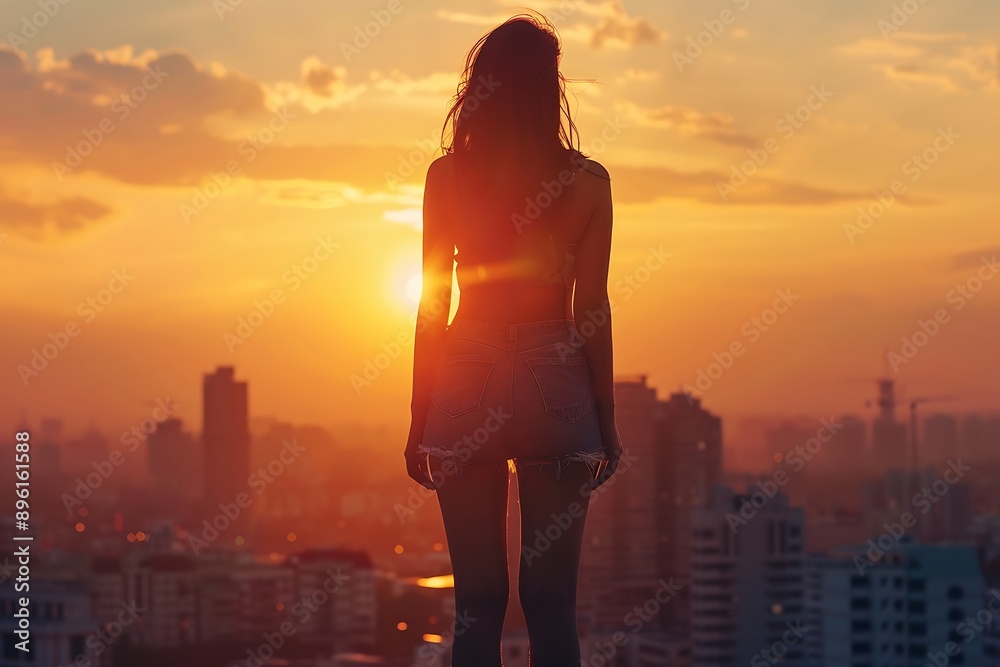 A captivating sunset over a city skyline with the silhouette of a woman wearing denim shorts A captivating sunset over a city skyline with the silhouette of a woman wearing denim shorts