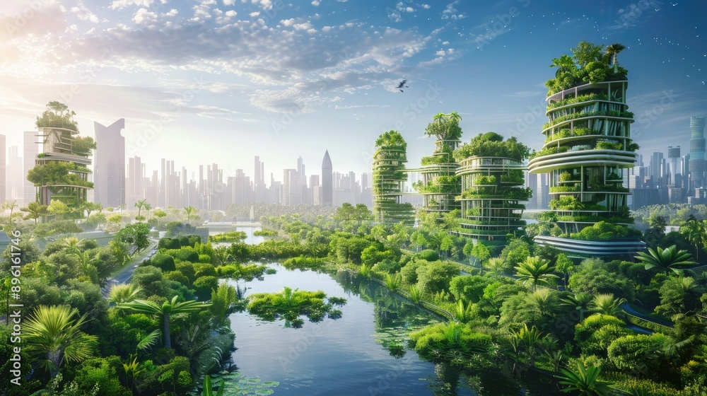 Fototapeta premium Futuristic city with lush green spaces and advanced technology for environmental restoration.