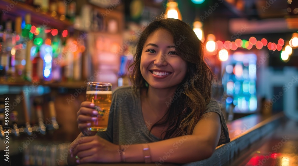 A happy Asian woman raising her beer glass in celebration while chatting with friends at a vibrant bar A happy Asian woman raising her beer glass in celebration while chatting with friends at a vibrant bar