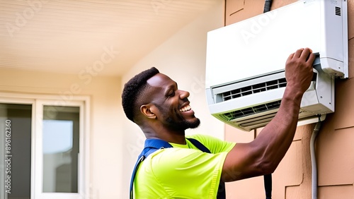 Cheerful African American, smiling air conditioner repair specialist at home photo