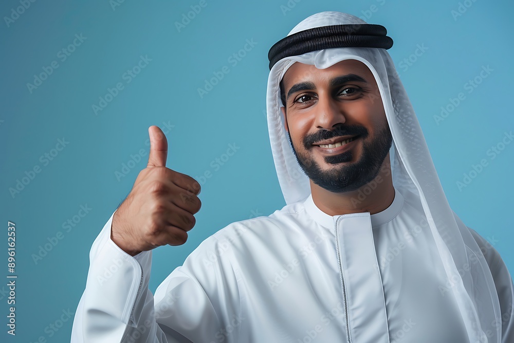 A man wearing traditional Arab attire gives a thumbs up against a vibrant blue background