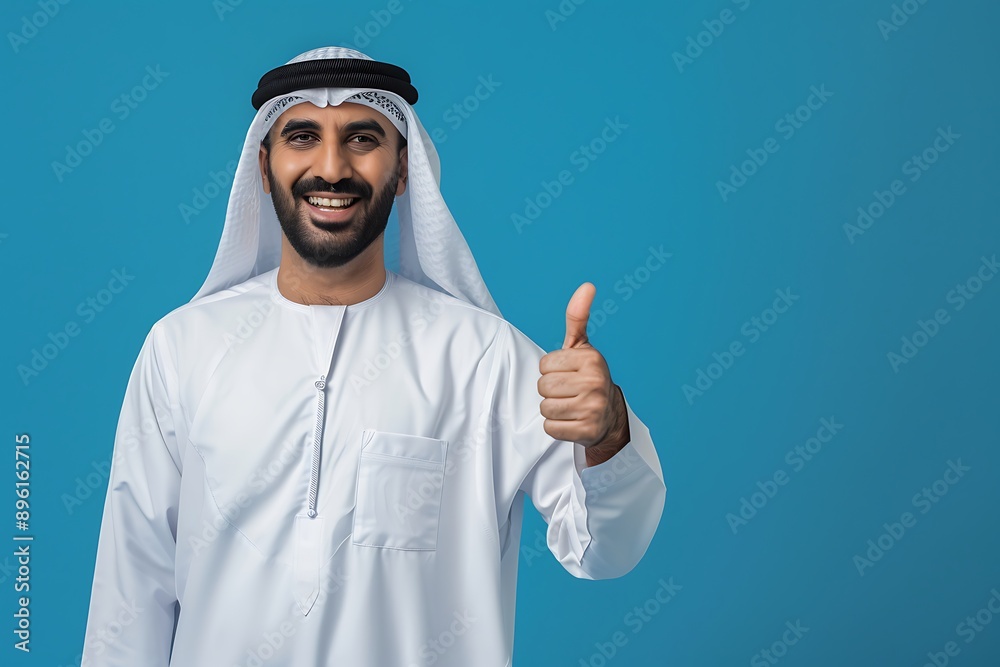 Fototapeta premium A man wearing traditional Arab attire gives a thumbs up against a vibrant blue background