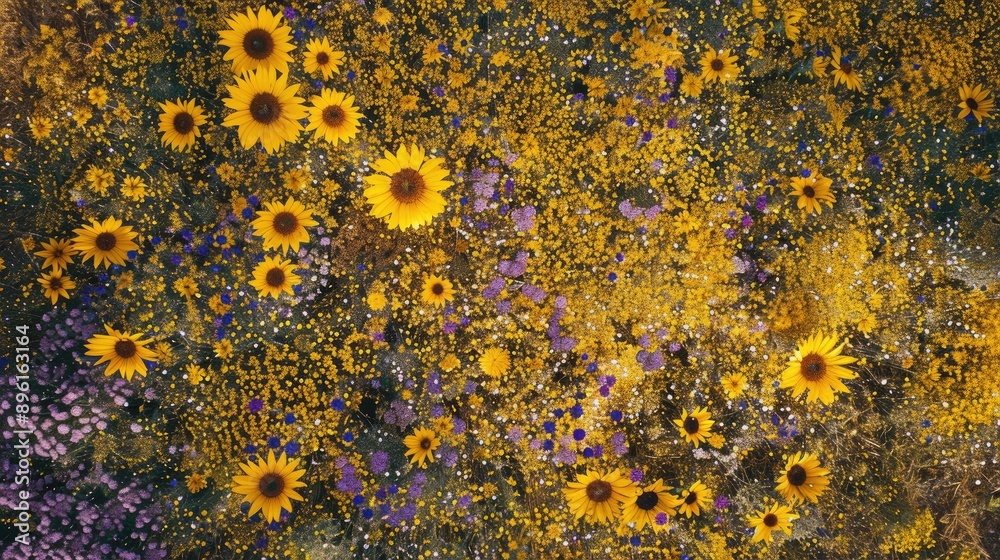 High-angle shot of a sunflower field interspersed with wildflowers, creating a sea of yellow and purple. High-angle shot of a sunflower field interspersed with wildflowers, creating a sea of yellow and purple.