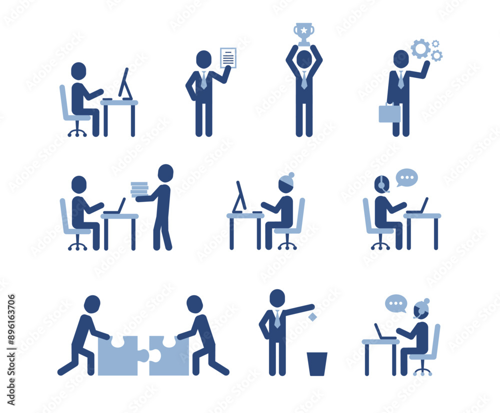 Business people icon pictograms. Leadership training, meeting and corporate career. Modern simple style pictogram concept. Blue color characters set. Simple material design for web and website. Business people icon pictograms. Leadership training, meeting and corporate career. Modern simple style pictogram concept. Blue color characters set. Simple material design for web and website.