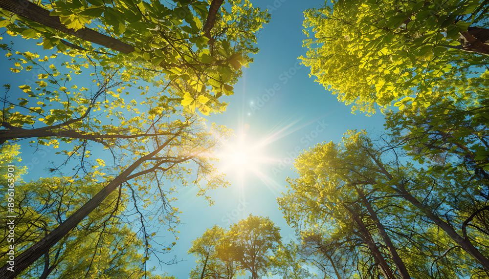 Fototapeta premium Spring trees with young green foliage in deciduous forest to look in the top on a blue sky with sun glare. Seasonal landscape. The sun's rays make their way through the leaves of trees.
