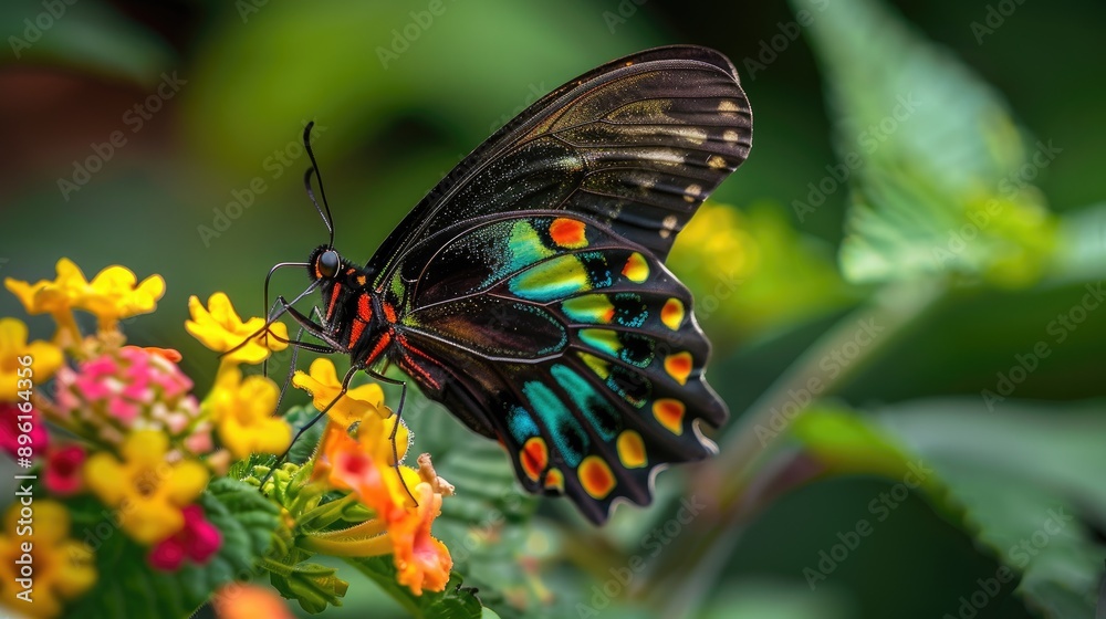 Fototapeta premium Macro shot of a butterfly with vivid, iridescent wings on a bright flower.