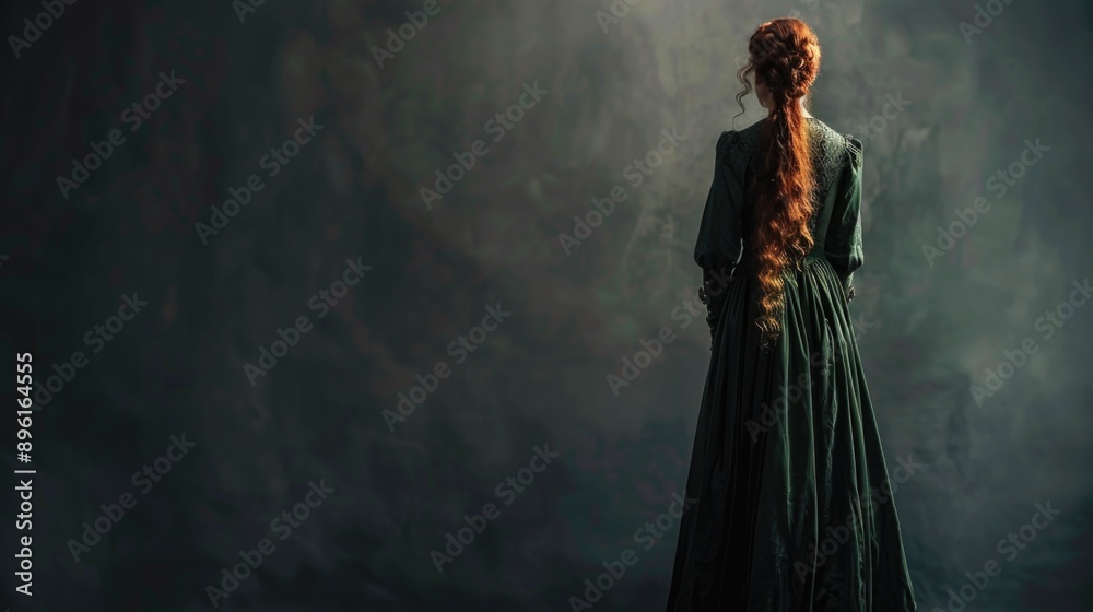 A woman with long red hair wears a green dress, suitable for fashion and beauty use A woman with long red hair wears a green dress, suitable for fashion and beauty use