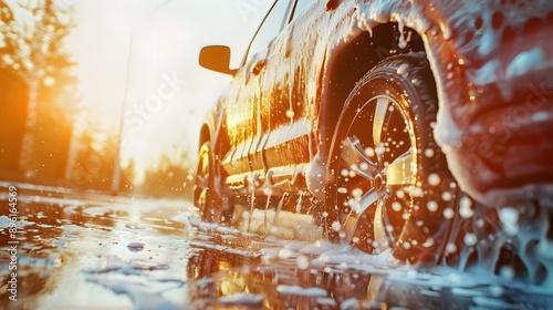 Sparkling Clean. Realistic image of an outdoor car wash car covered in soap suds photo