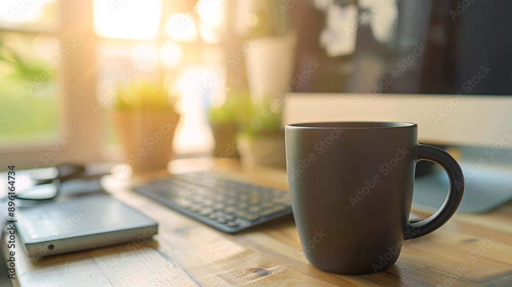 Working atmosphere. Cup of coffee is on the table next to the computer. Working atmosphere. Cup of coffee is on the table next to the computer.