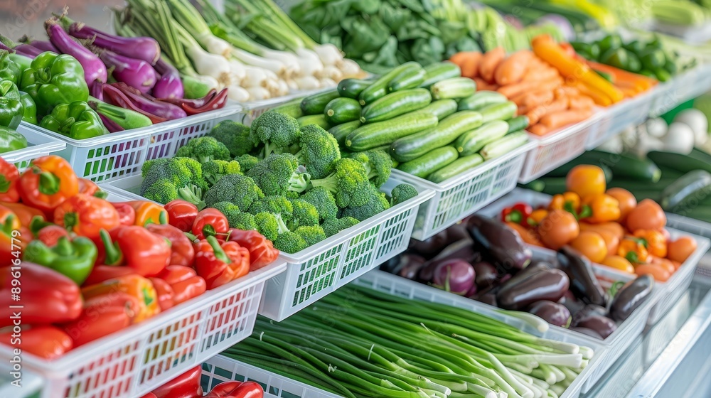 A variety of fresh vegetables are displayed in a market