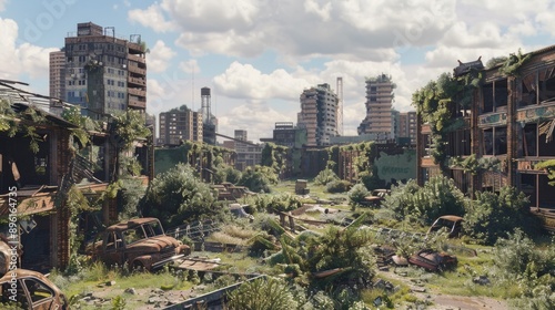 A devastated city scene from the post-apocalyptic world in The Last of Us game