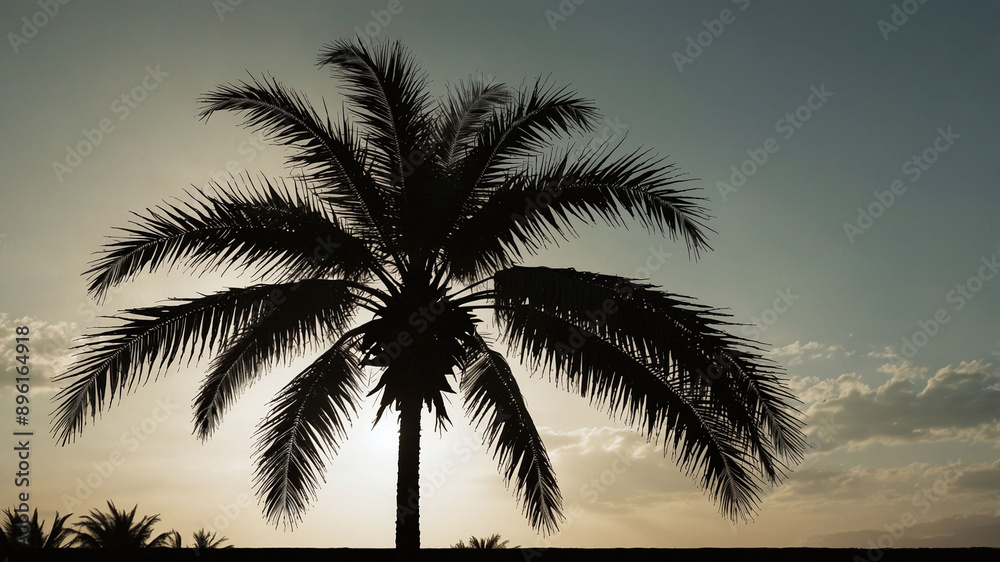 Silhouette of a Palm Tree Against a Sunset Sky with Soft Clouds in the Background