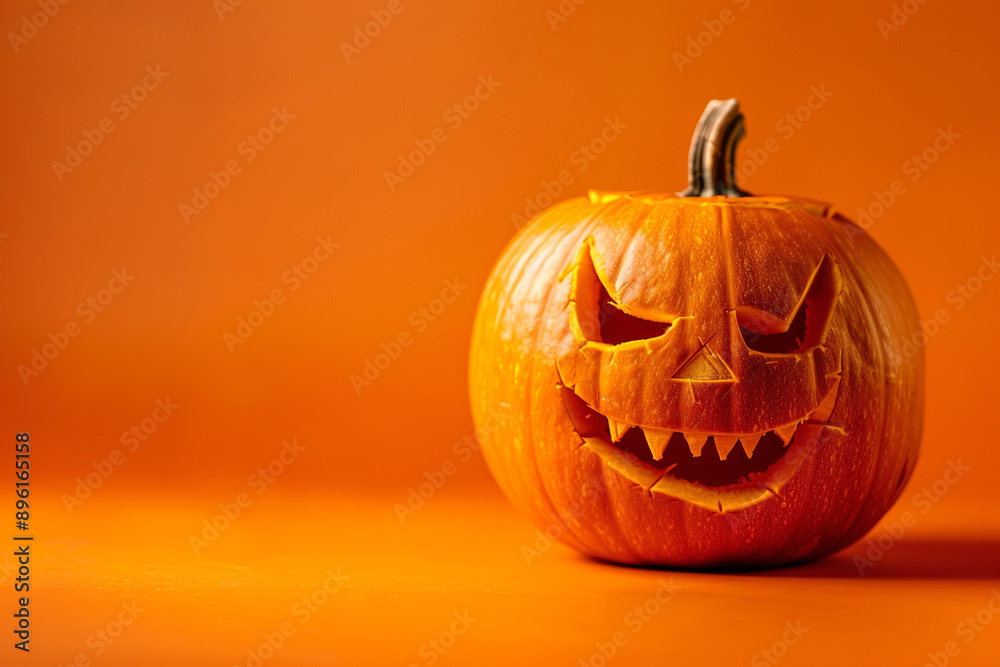 Halloween. Orange pumpkin with scary face carved on orange background. Copy space