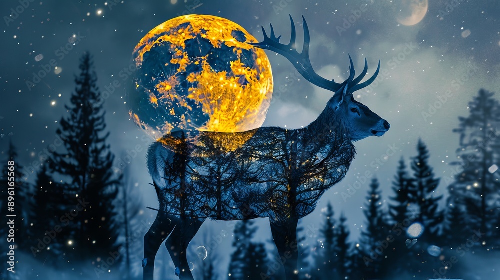 Naklejka premium The majestic deer stands in the winter forest, its antlers reaching up to the sky like branches of a tree