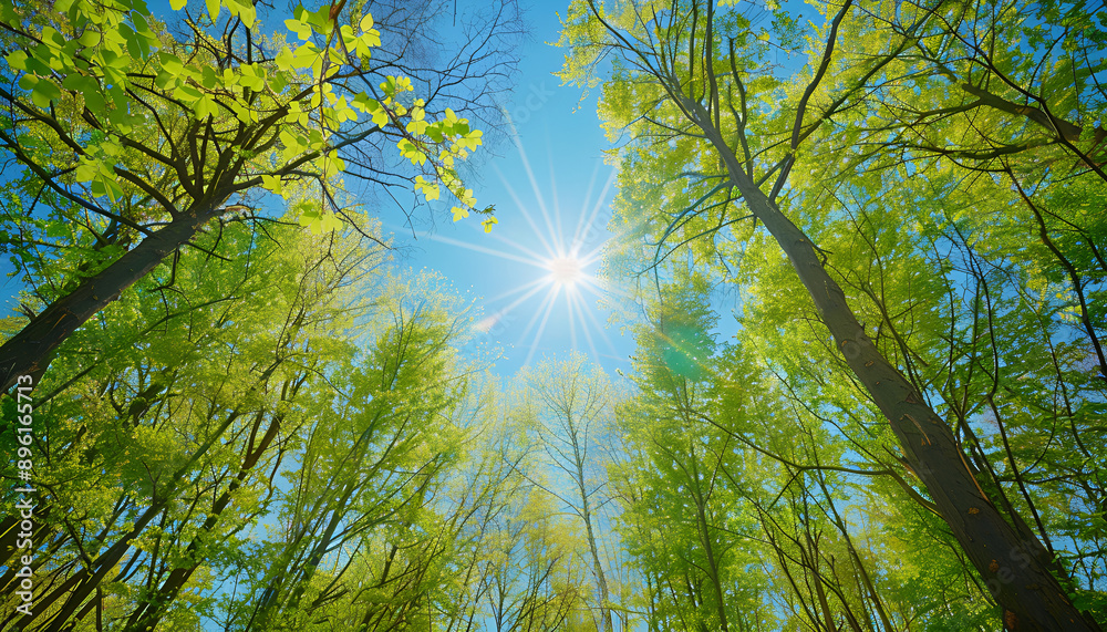 Obraz premium Spring trees with young green foliage in deciduous forest to look in the top on a blue sky with sun glare. Seasonal landscape. The sun's rays make their way through the leaves of trees.