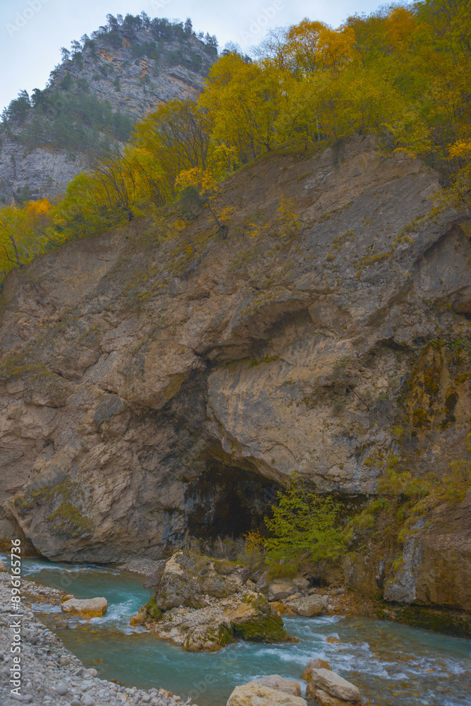 Scenic view of trees and river in the mountains in autumn