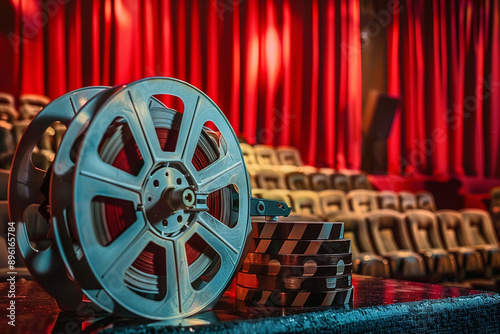 Cinema. Film industry. Clapperboard and film reel against the background of cinema hall.