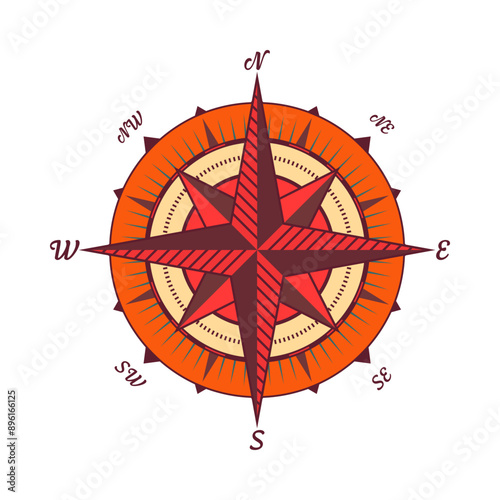 Vintage marine wind rose, nautical chart. Colorful navigational compass with cardinal directions of North, East, South, West. Geographical position, cartography and navigation. Vector illustration