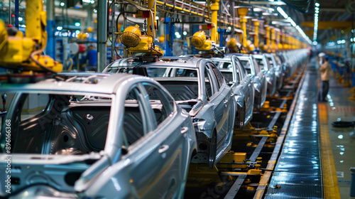 Car assembly at car factory. Robots assemble cars one by one. On photo are bodies and robots