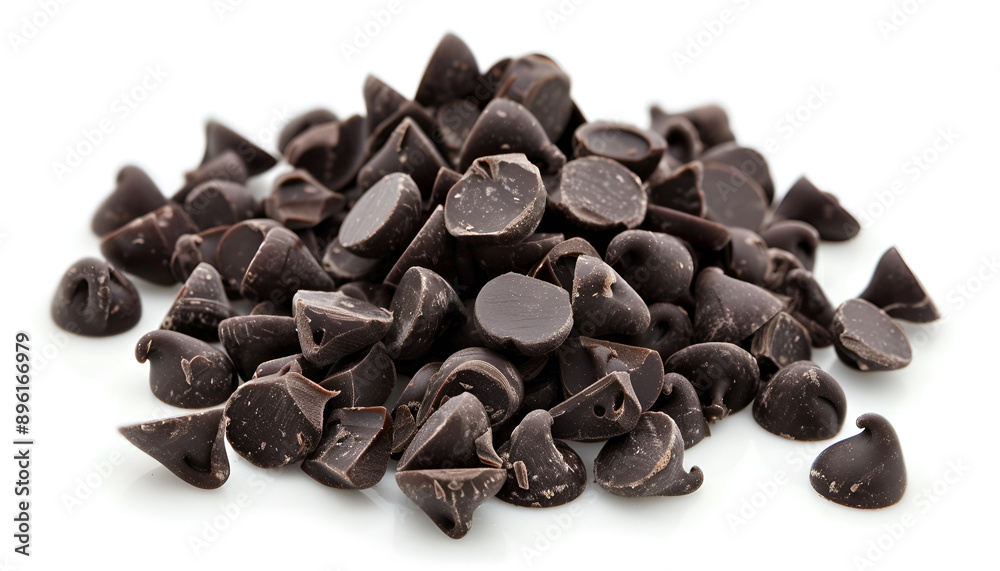 Delicious black chocolate chips on white background