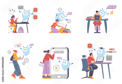 Set of children and teens learning with AI assistant flat style