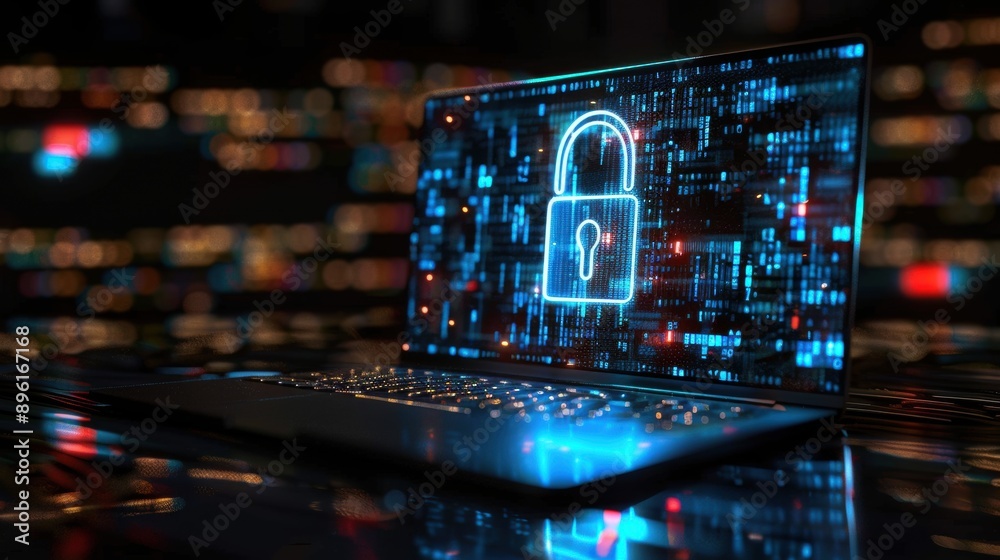 Laptop Displaying Digital Lock Security Icon with Blue Glowing Effect on Dark Background Laptop Displaying Digital Lock Security Icon with Blue Glowing Effect on Dark Background