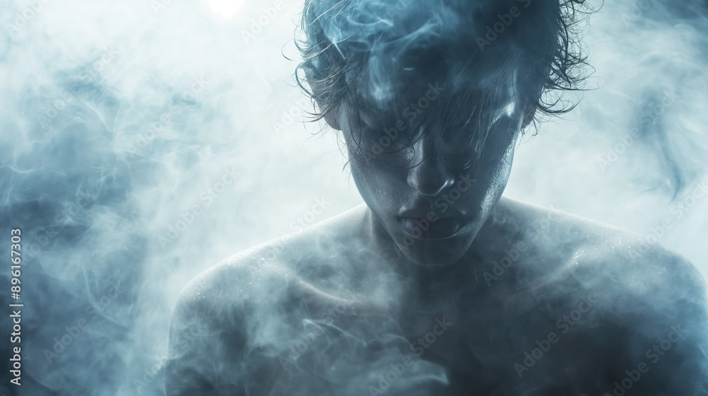 Young man surrounded by dense smoke, his face partially obscured, creating a mysterious and dramatic atmosphere, with a focus on his intense expression. Young man surrounded by dense smoke, his face partially obscured, creating a mysterious and dramatic atmosphere, with a focus on his intense expression.